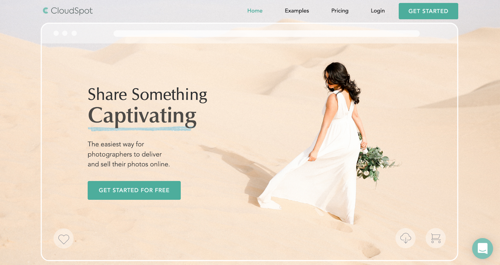 A screenshot of a Cloudspot website with woman walking through sand in a white dress