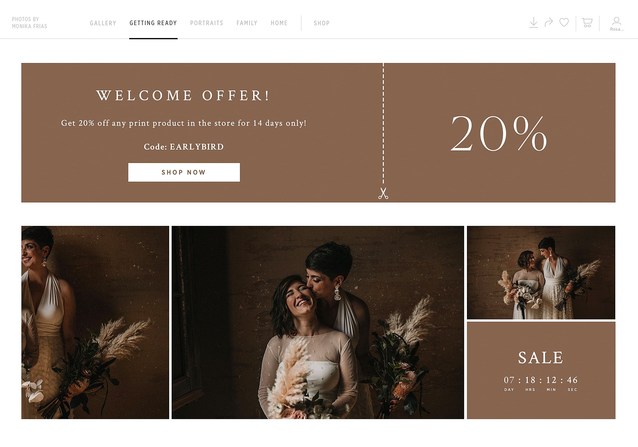 A 20% coupon with images of newlywed brides kissing and holding flowers client galleries for photographers