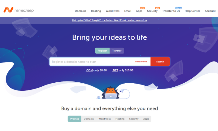Screenshot of Namecheap website where to buy a domain name