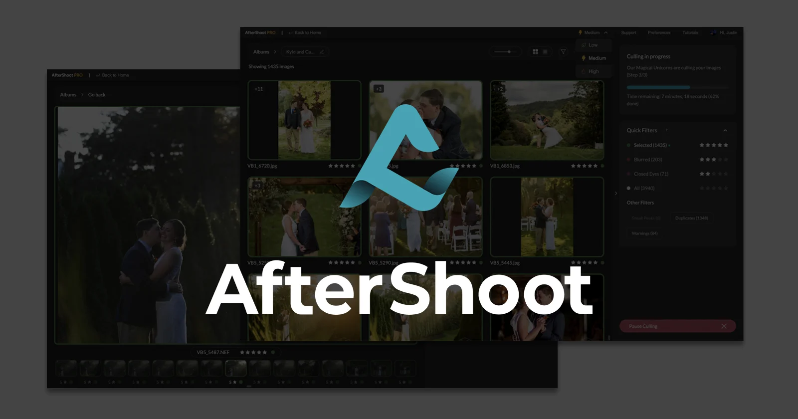 An image showing a computer screen displaying the AfterShoot software interface, featuring a grid of small, blurred photos of outdoor scenes and couples. The AfterShoot logo is prominently displayed in the center.